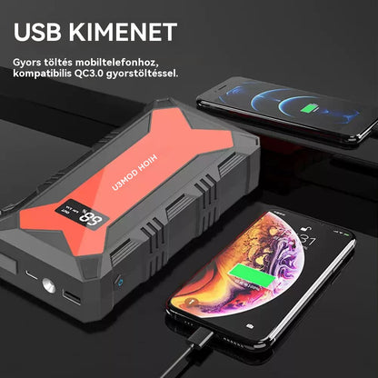 🔋 Autóakkumulátoros indítómotor – Hordozható Power Bank USB gyorstöltővel és LED-es zseblámpával
