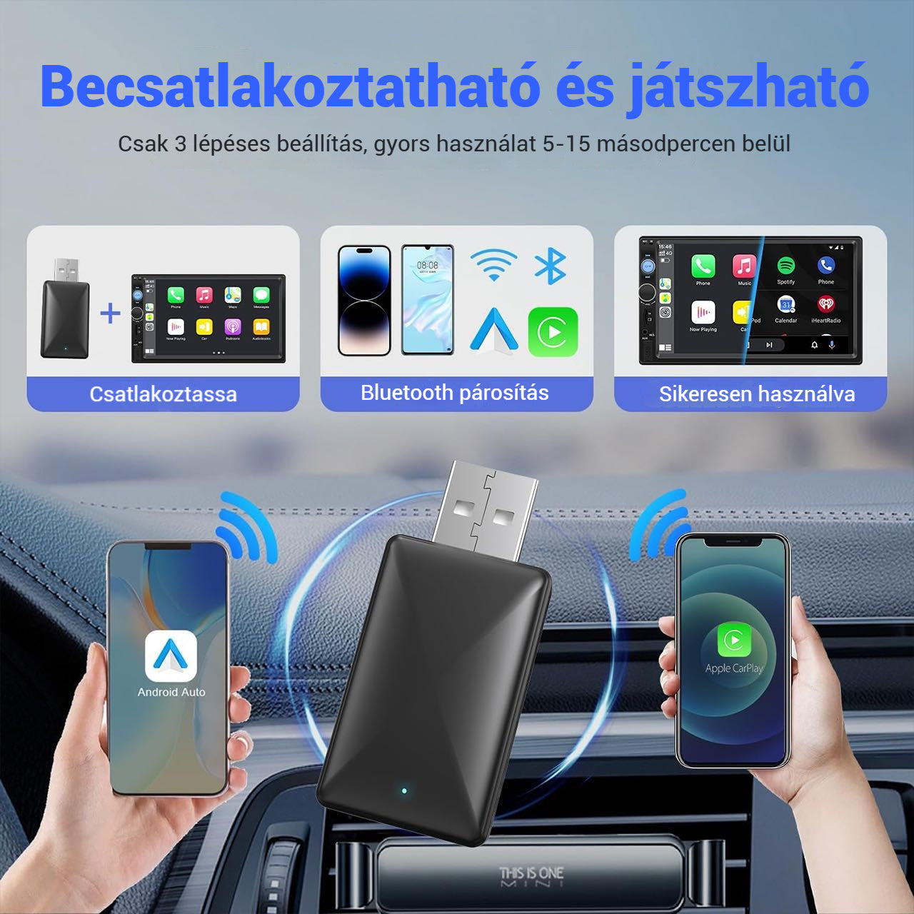 CarPlay, USB stick vezeték nélküli autós csatlakozáshoz Apple CarPlay és Android Auto használatával