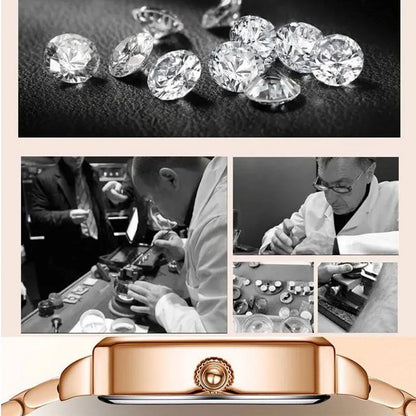 Divatos, szögletes női karóra rozéaranyból, gyémántokkal