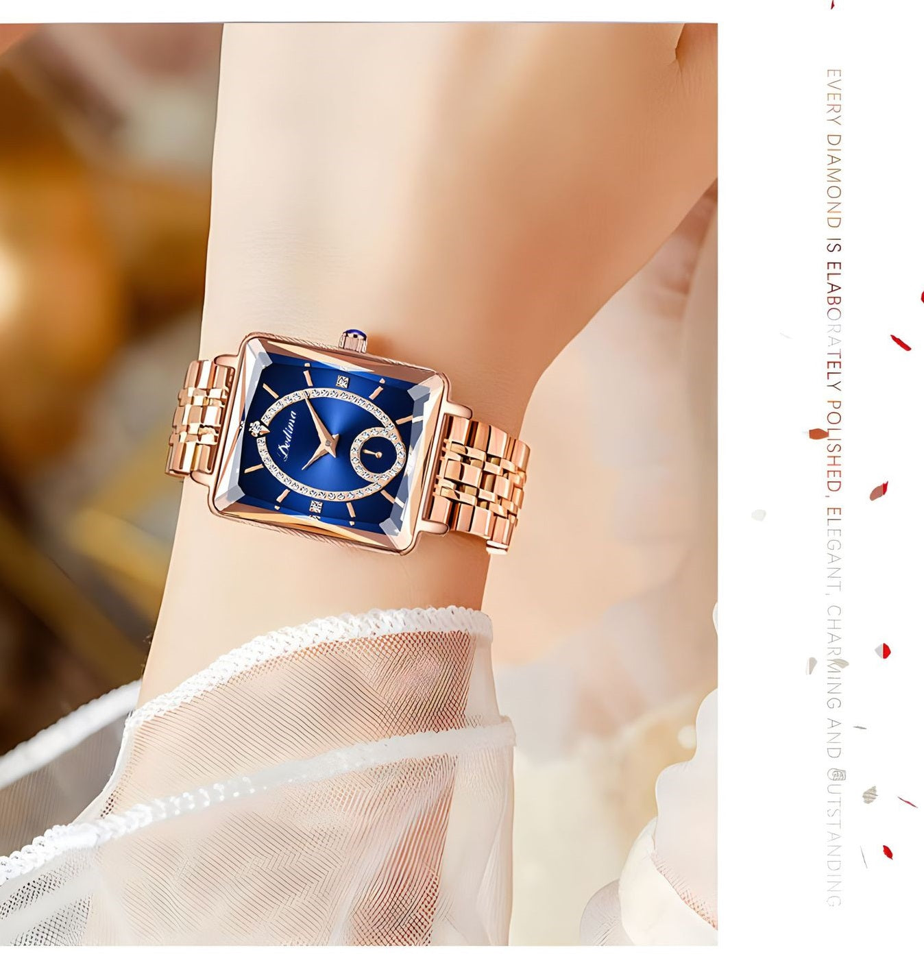 Divatos, szögletes női karóra rozéaranyból, gyémántokkal