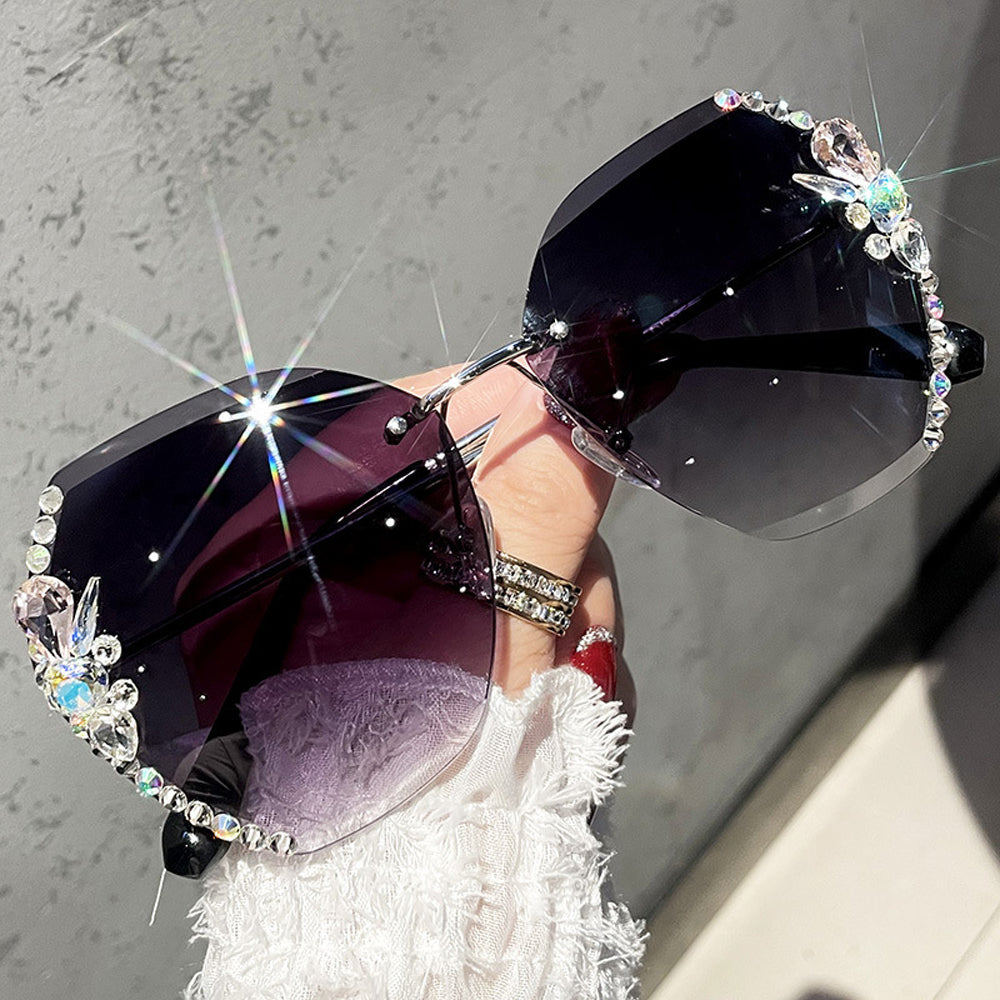😎Vintage Rimless Rhinestone napszemüveg 🎉divat márka tervező napszemüveg 🥳divat retro vágó lencse gradiens napszemüvegek